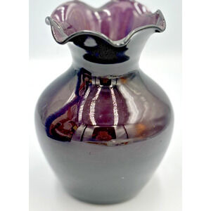 Dark Amethyst Purple Bud Vase Ruffled Rim 4 Inches Tall Appears Black EUC